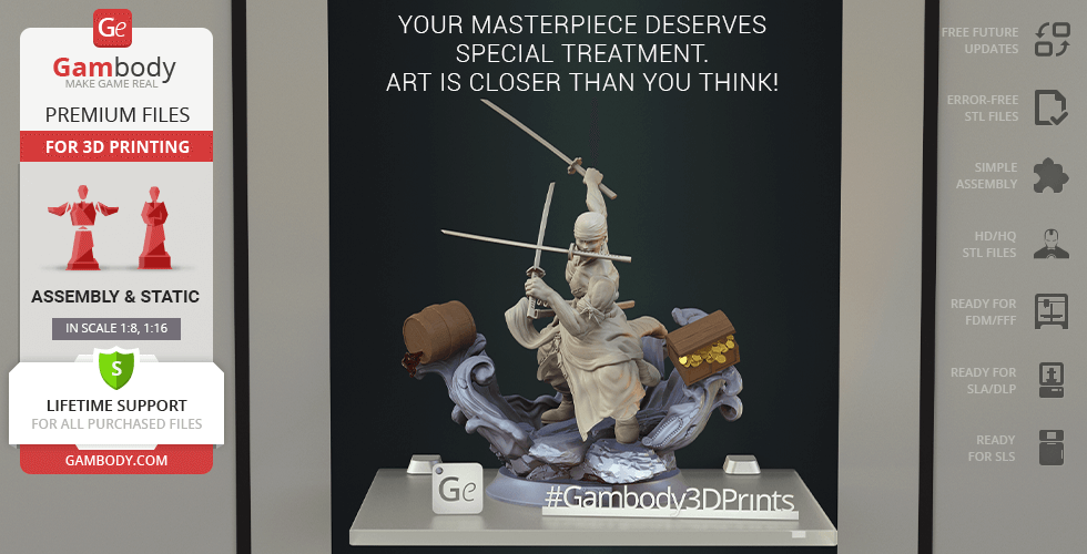 A dynamic 3D printed figure wielding dual swords, surrounded by waves and a treasure chest on a pedestal.