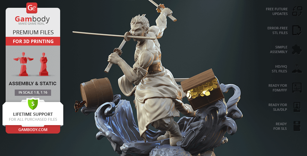 A warrior wielding three swords, standing on a swirl with barrels and a treasure chest.