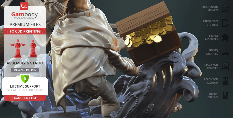 A 3D printable model of Roronoa Zoro standing on a wave with a treasure chest, available on Gambody.