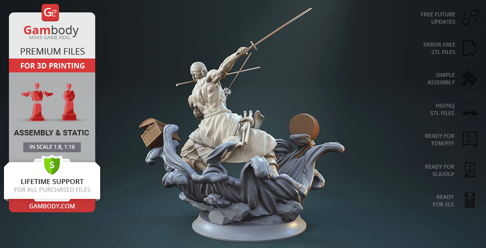 A dynamic 3D model of a warrior with swords, standing on swirling waves, ready for 3D printing.