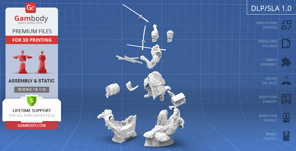 3D model parts of a warrior with swords, ready for assembly and 3D printing, displayed on a blue grid background.