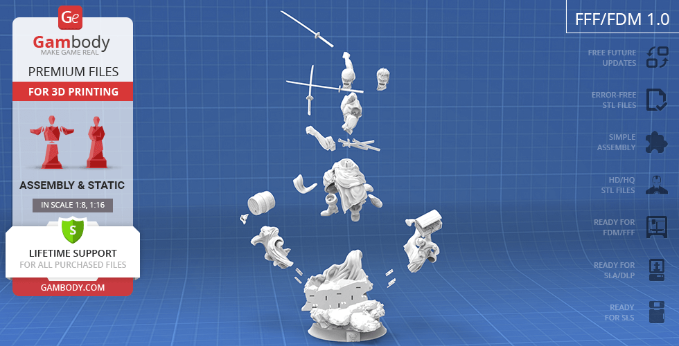 Detailed 3D model parts of a character, Roronoa Zoro, shown on a blue grid background for assembly.