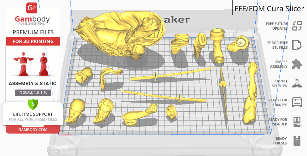 3D-printable Roronoa Zoro STL parts: head, torso, arms, weapons, and accessories arranged on a grid.