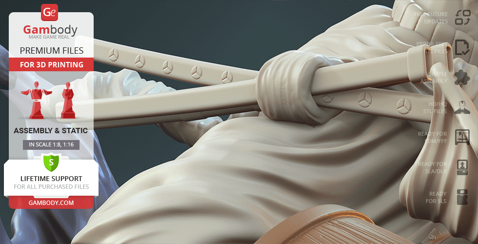 A 3D model close-up showing a robed figure with swords, for 3D printing by Gambody.