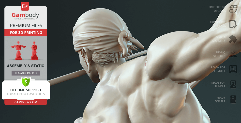 3D model of a muscular figure with a bandana, holding a sword in mouth, ready for 3D printing.