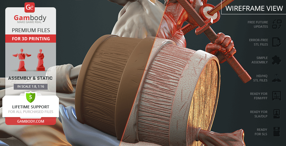 A detailed 3D model of a figure with swords, partially shown in color and wireframe view, ready for printing.