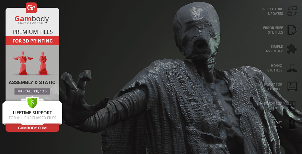 Cloaked, eerie figure with skeletal features and outstretched hand, designed for 3D printing.
