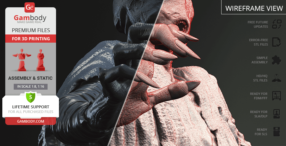 A 3D model of a cloaked, skeletal figure with long, sharp fingers in wireframe view for printing.