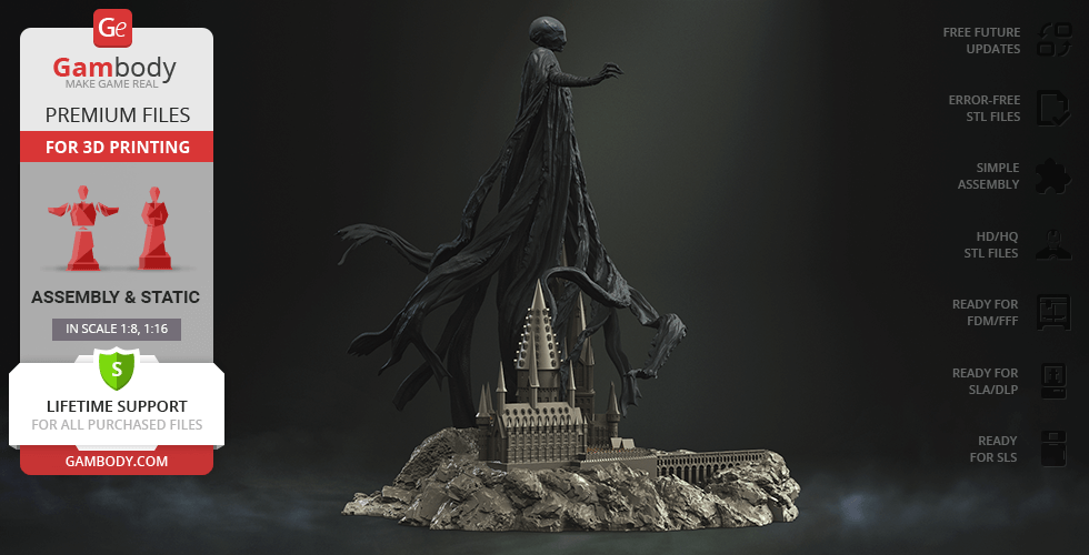 A hooded figure with flowing, tattered cloak hovering over a detailed castle model on rocky terrain.