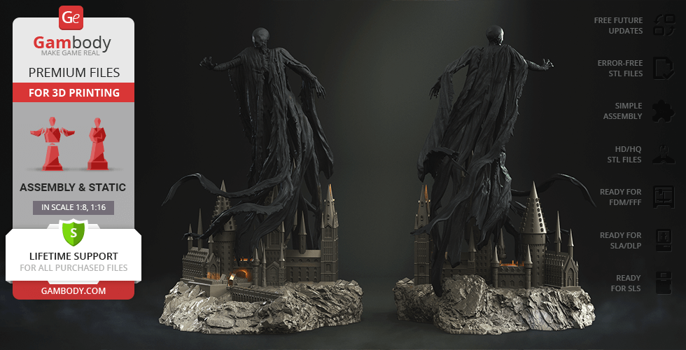A 3D model of two cloaked figures hovering over a castle-like structure, designed for 3D printing.