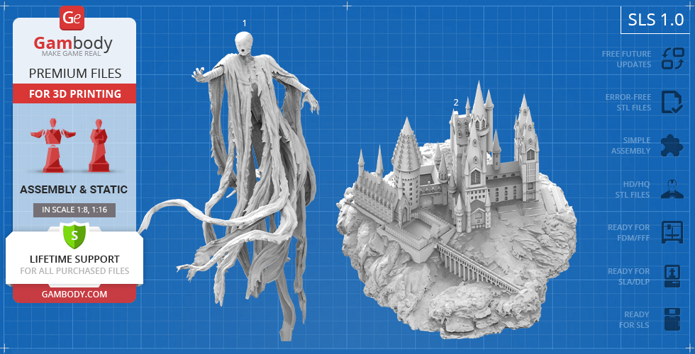 A 3D model of a cloaked figure flying, with a detailed castle diorama on rocky terrain beside it.