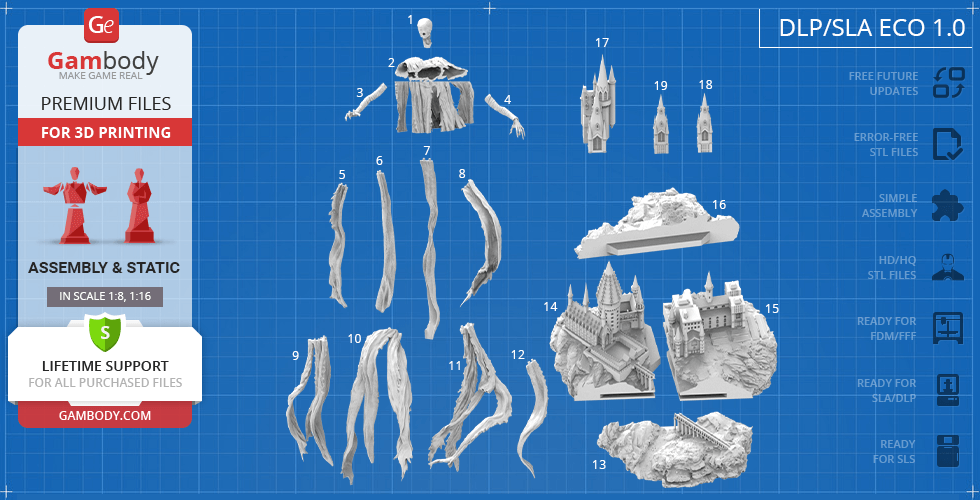 3D model parts for a Dementor figure and gothic buildings, designed for 3D printing on Gambody.