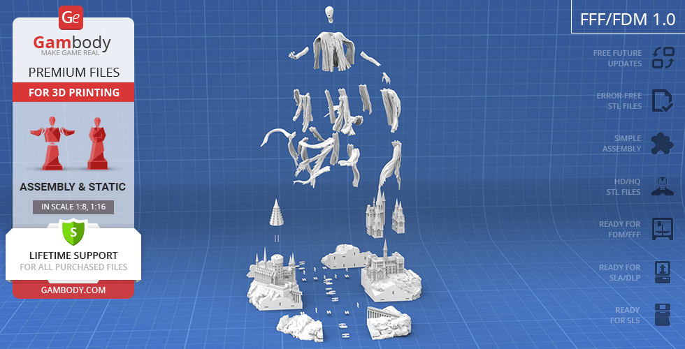 Floating, fragmented 3D model pieces of a cloaked figure, set against a blueprint-style background.