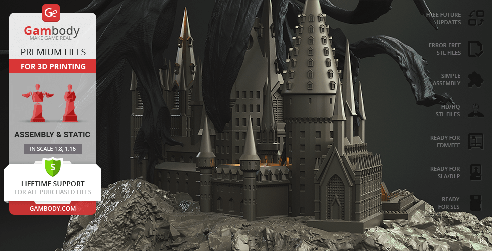 Dark hooded figure overlooks a detailed gothic castle for 3D printing.