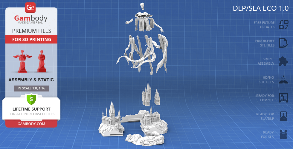 Floating, robed figure with castle base model for 3D printing.