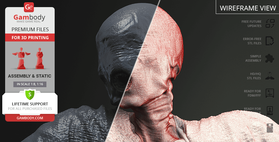 A ghostly, hooded figure in wireframe view for 3D printing, with flowing, tattered cloak details.