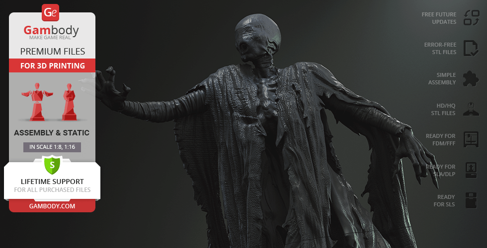 A 3D model of a cloaked, ghostly figure with outstretched arms, ready for 3D printing.