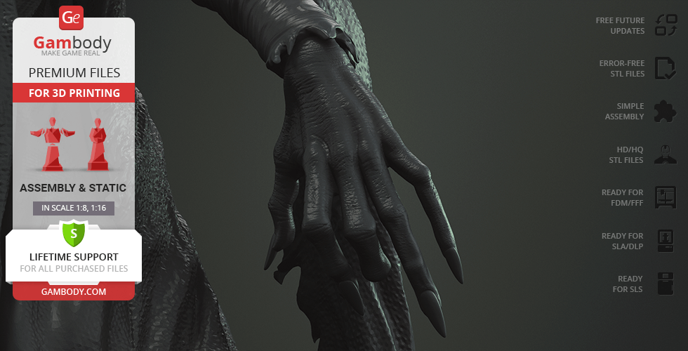 A dark, gnarled hand with long, pointed fingers, suitable for 3D printing.
