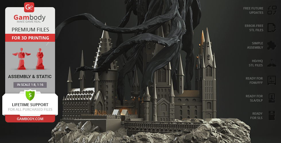 A detailed 3D model of a castle with a dark, cloaked figure hovering above, intended for 3D printing.