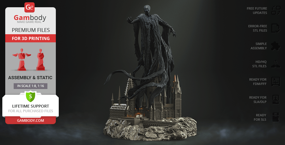 A dark, ghostly figure with tattered robes hovers over a detailed castle base, designed for 3D printing.
