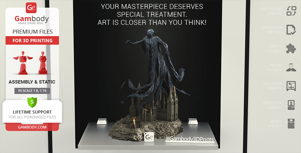 A dark, ghostly figure hovers over a gothic scene, designed for 3D printing from Gambody.