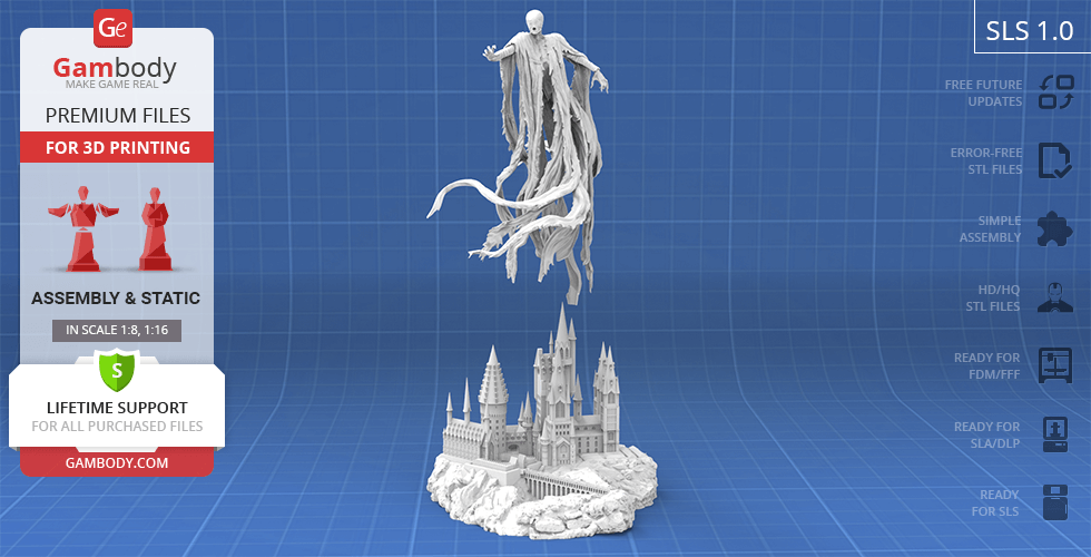 A 3D model of a floating ghostly figure above a detailed castle base, designed for printing.