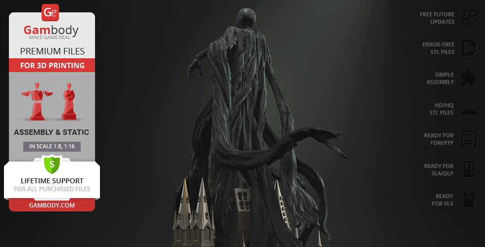 A spectral, cloaked figure with tattered robes and outstretched arm, standing over a gothic structure.