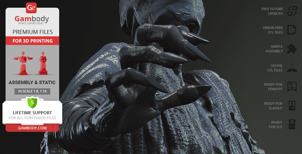 A robed, sinister creature with long, sharp fingers, designed for 3D printing; details visible on the Gambody banner.