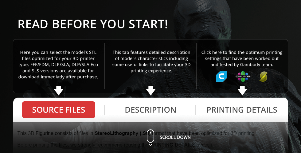 Banner with 3D printing instructions and tabs for source files, description, and printing details.