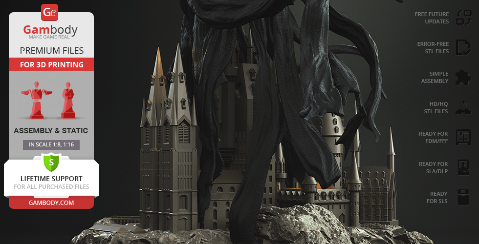 A menacing cloaked figure hovers over a detailed gothic castle model for 3D printing.