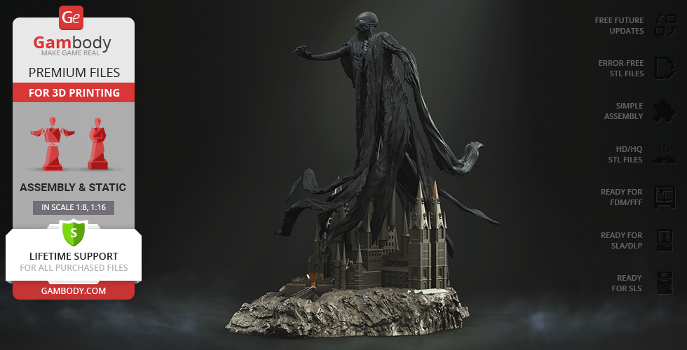 A 3D model of a Dementor hovering over a detailed castle base, designed for 3D printing.