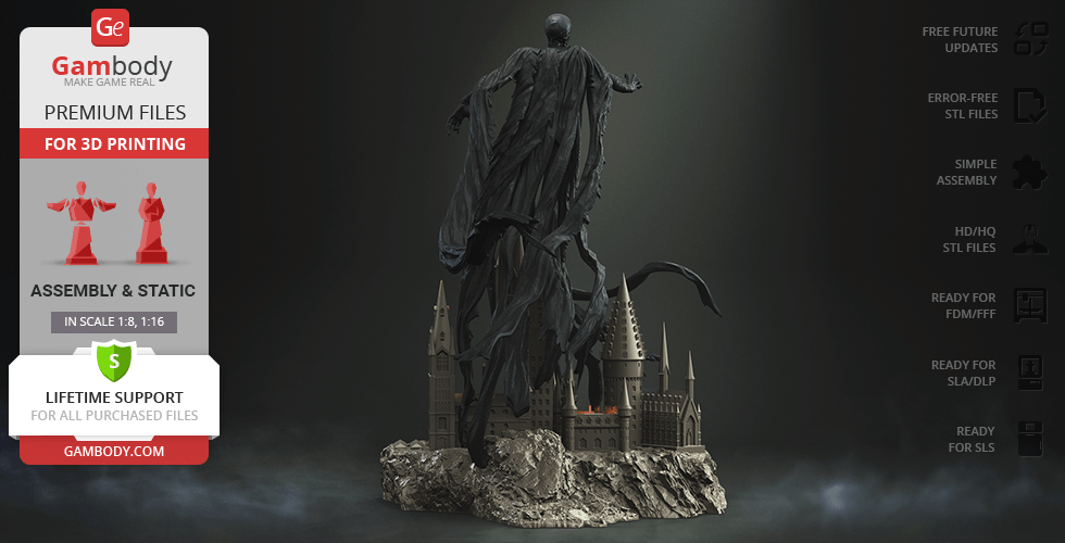 A shrouded figure, resembling a Dementor, hovering over a gothic castle, designed for 3D printing.