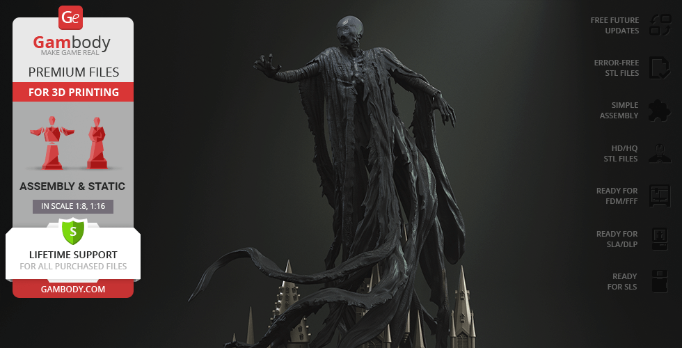A ghostly, cloaked figure hovering over a castle-like structure, designed for 3D printing.