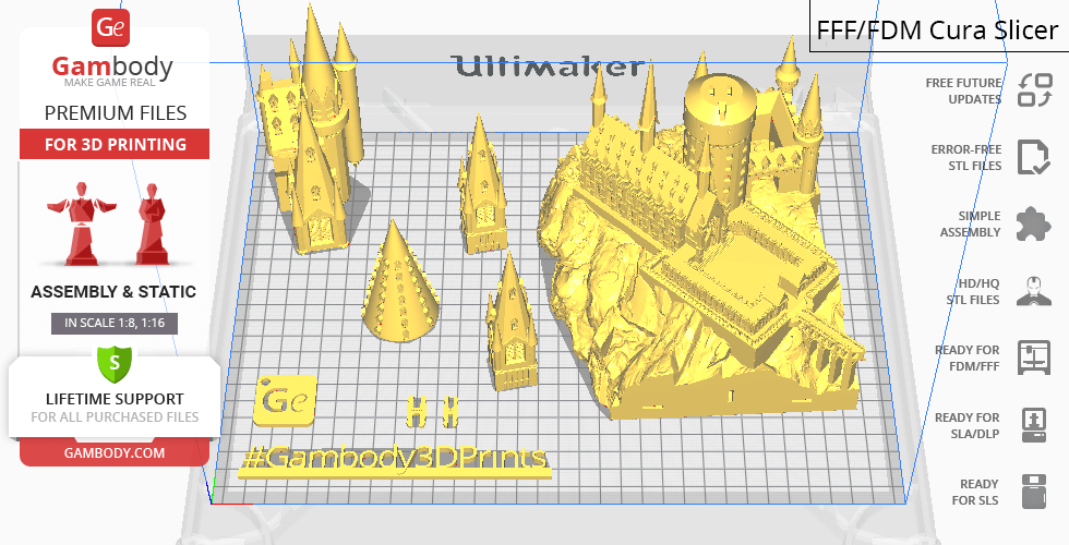 A 3D model of a castle with towers, set on a platform for printing, displayed in a slicer software.