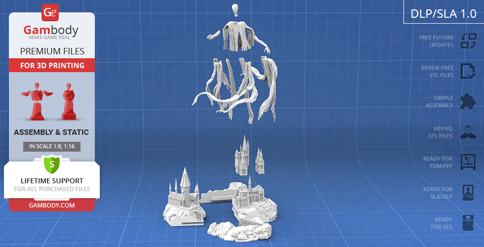 A detailed 3D model of a Dementor with flowing robes, designed for 3D printing, includes assembled base components.