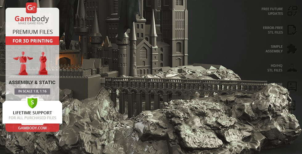A detailed 3D printed model of a castle surrounded by rocky terrain, ready for assembly.