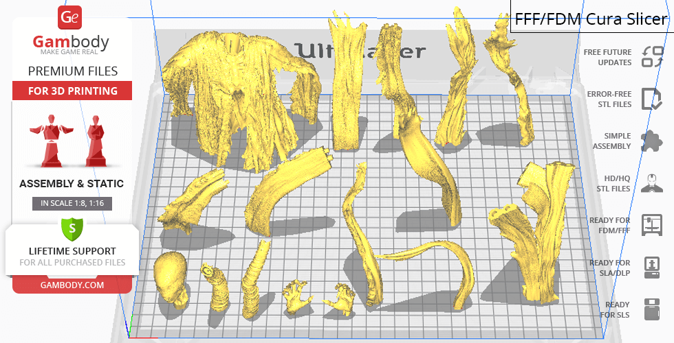 A 3D model of a Dementor, separated into printable parts on a grid layout.
