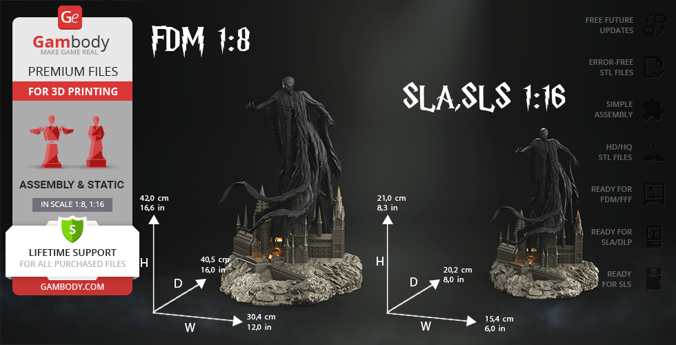 A dark hooded figure hovering over a castle model, displayed with dimensions for 3D printing.