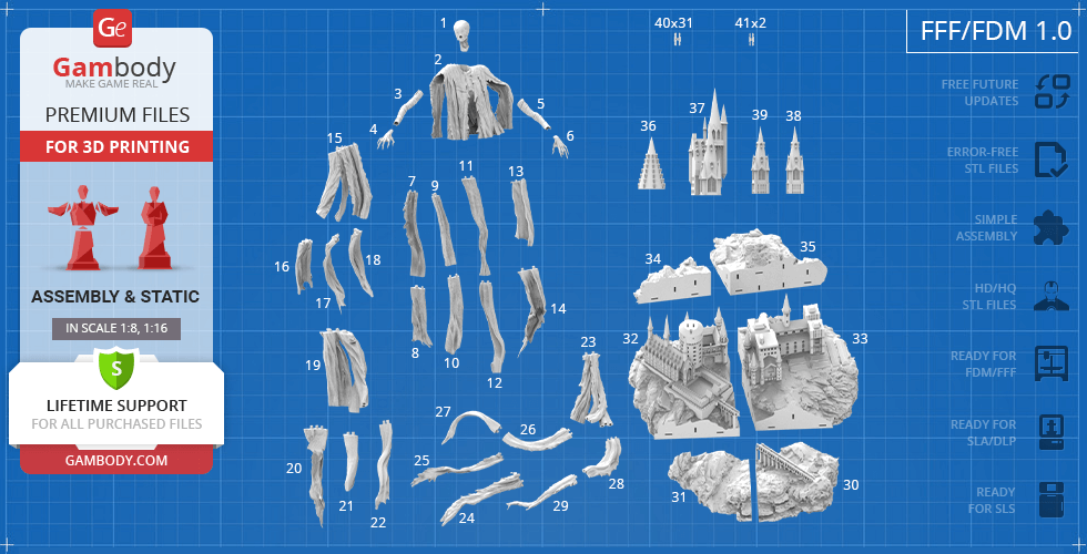 3D printable model parts of a Dementor figure and a castle on a grid layout from Gambody.