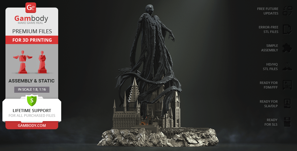 A 3D model of a Dementor hovering over a detailed castle, set on a rocky base, designed for 3D printing.