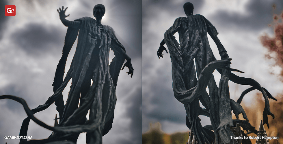 A ghostly, dark-robed figure with flowing tattered fabric, hovering ominously against a cloudy sky.