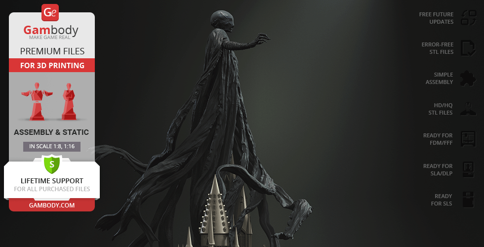 A dark, wraith-like 3D model with flowing robes, standing on a spiked pedestal, prepared for printing.