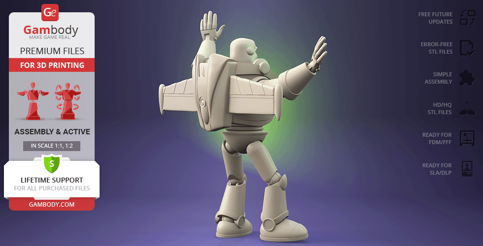 3D model of a space-themed toy character with wings, posed with arms raised, ready for 3D printing.