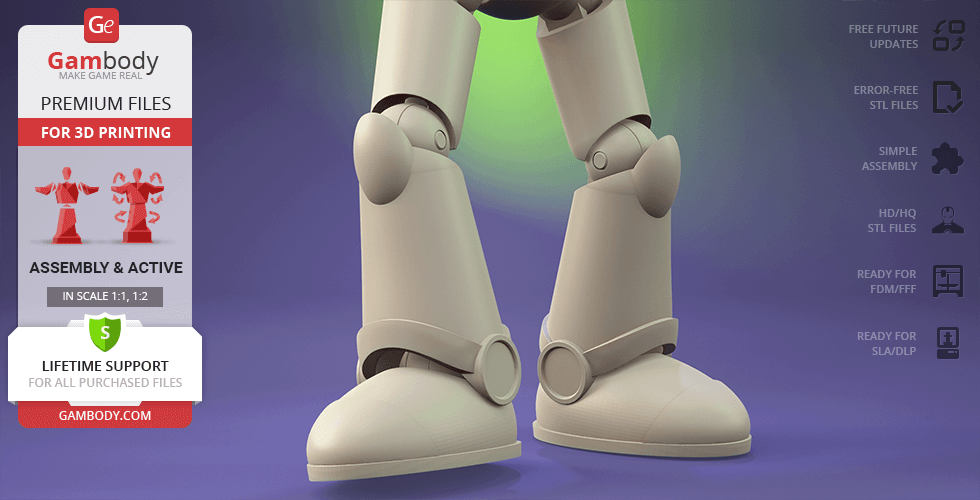 3D model of humanoid legs in armor for printing, displayed on a gradient background.