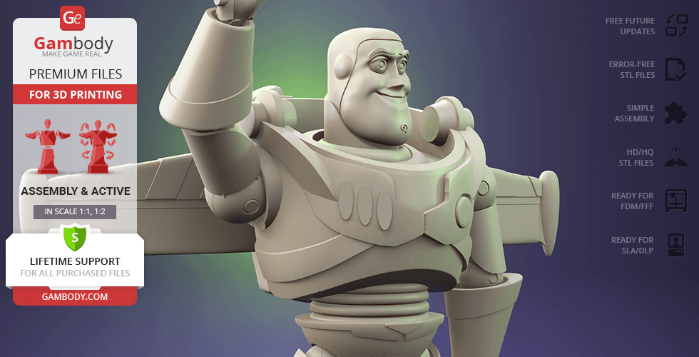 A 3D model of a space ranger character from a movie, ready for printing, with a promotional banner.