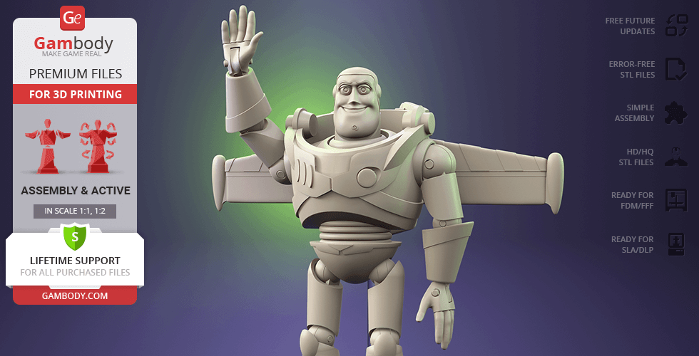 3D model of a space-themed character with extended wings and raised arm for printing.