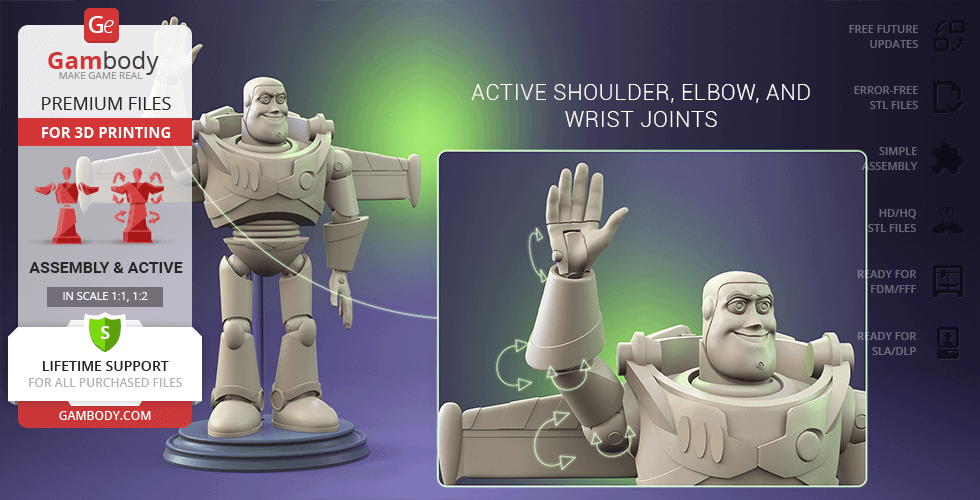 3D model of Buzz Lightyear with movable joints, ready for printing.