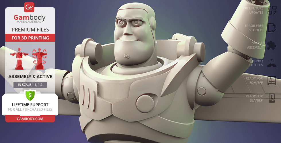A 3D model of a space-themed character in an action pose, ready for 3D printing.
