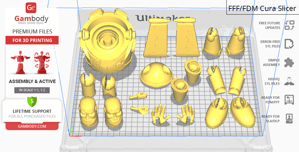 3D printed parts layout for assembling Buzz Lightyear, including head, arms, and armor components.