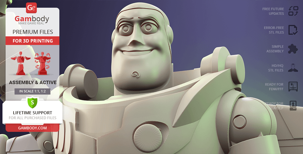 3D model of Buzz Lightyear for printing, showcasing detailed armor and expression, offered by Gambody.